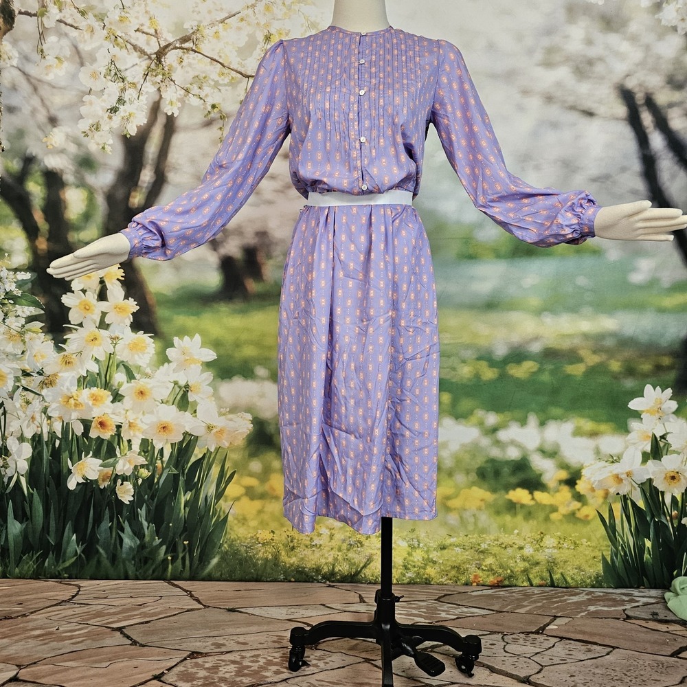 Vintage 1980's Dress Lilac Purple Print Long Sleeve Silky Retro Button Front‎ - Picture 2 of 12